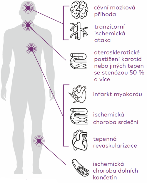 Schéma lidského těla s ukazateli kardiovaskulárního onemocnění